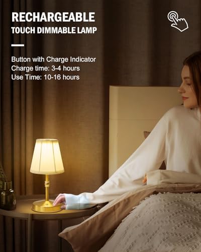5W Mini Cordless Lamp Gold,3000 mah Small Battery Operated Lamp,Vintage Small Table Lamps,3 Level Dimmable Rechargeable Lamps,Decorative Dining Table Light,Mini Lamps for Kitchen,Nightstand,Bedroom - Image 3