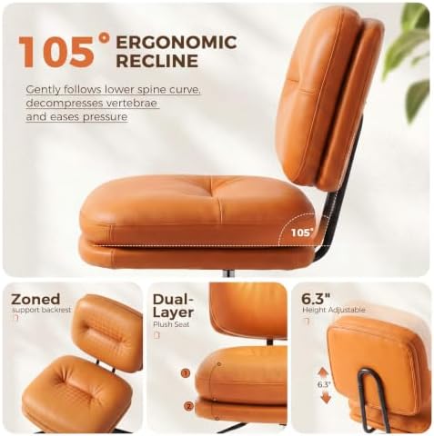 COMHOMA Home Office Desk Chair with Comfy Lumbar Support, Small Vanity Chair with Wheel for Bedroom, Thick Padded & Armless, 19.1"-25.4 Height Adjustable, Soft PU Leather, Brown - Image 7