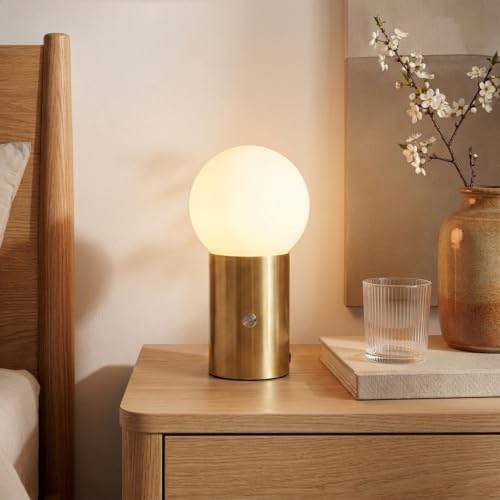 Brightech Kai LED Table Lamp with USB Port - Small Bedside Reading Modern Desk Lamp, Nightstand Light with Ambient Lighting for Bedroom, Living Room, Office - Modern Globe Lamp Shade, Brass Finish - Image 2