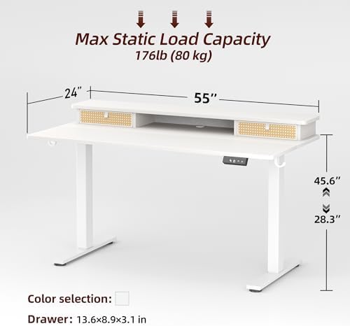 TIQLAB Standing Desk with Two Drawers, Stand Up Standing Desk Adjustable Height, Electric Sit Stand Table with Storage Shelf and Splice Board, 55 * 24 inch, White Wicker - Image 3