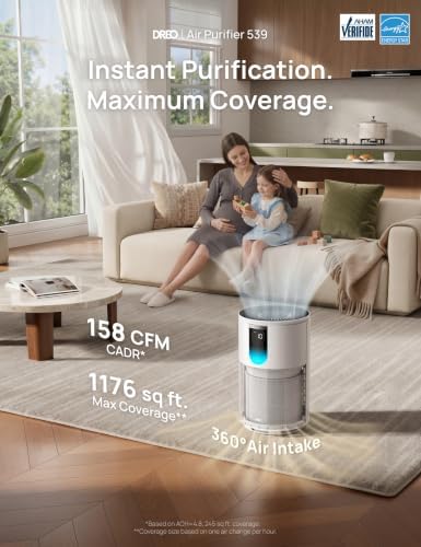 DREO Air Purifier for Home, Up to 1176 ft², HEPA Sleep Mode, Air Purifiers for Large Room & Bedroom, Pets, Smoke, Dust, Pollen & Odors, PM2.5 Monitor, Auto & Turbo Mode, 4 Speeds, DR-HAP009 (Dreo 539) - Image 3