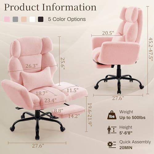 Office Chair with Flip Armrests,Big and Tall Office Chair with Foot Rest,Extra Wide Seat & Lumbar Pillow,Comfy Criss Cross Chair for Pets Sitting,Ergonomic Computer Gaming Chair,Teddy Fleece,Pink - Image 2
