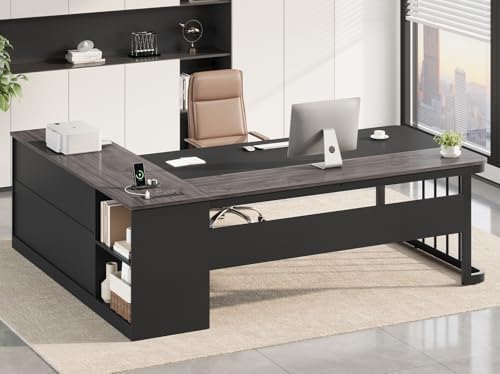 UPOSOJA 71" Executive Desk, Large Office Desk with Drawers & Storage Shelves, Modern L Shaped Computer Desk Corner Desk with Power Outlets, File Cabinet, Business Furniture Desk Workstation (Grey) by UPOSOJAWishesYouaNiceDay