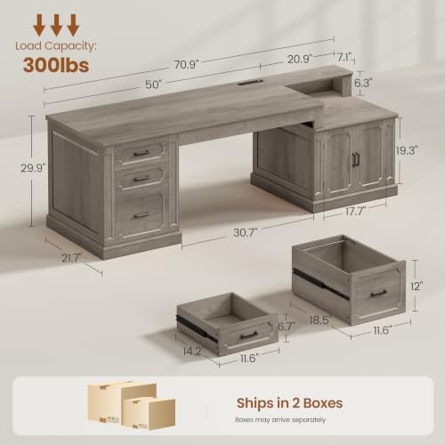 SEDETA Farmhouse 70.9" Executive Desk, Home Office Desk with File Drawers and Storage Cabinet, Computer Desk with Power Outlet for Home Office, Work Study Writing, Gray - Image 2