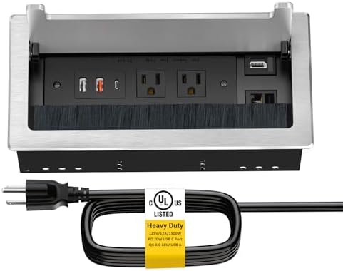 Kungfuking Conference Table Power Hub, Outlet Multimedia Connectivity Box with 1 HDMI + 1 RJ45 + 20W USB C + 2 USB A + 2 AC Outlets, Heavy Duty Metal Table Top Box for Countertop Office UL Listed by Kungfuking