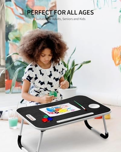 FISYOD Foldable Laptop Table, Portable Lap Desk Bed Table Tray, Laptop Stand with Cup Holder & Tablet Slot & Lifting Handle for Working Writing Drawing & Eating (Black Grain) - Image 4