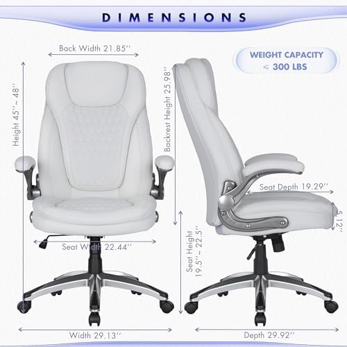COLAMY Executive Office Chair-Ergonomic Computer Desk Chair, High Back Leather Chair with Padded Flip-up Arms, Swivel Home Office Chair Upgraded Caster, White - Image 3