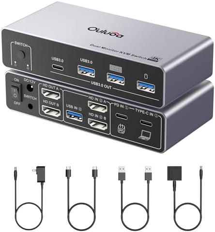 USB C Kvm Switch 2 Monitors 1 Desktop and 1 Laptop, Dual Monitor KVM Switch Docking Station, 4K@60Hz Expand 2 HDMI Displays,USB 3.0x3,USB C x1, PD 100W, Wired Remote and USB Cable Included by Ouluoa