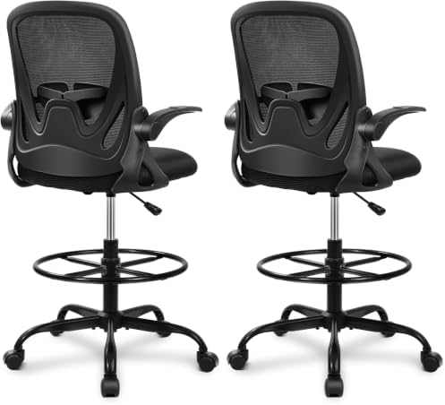 Primy Drafting Chair Tall Office Chair with Flip-up Armrests Executive Ergonomic Computer Standing Desk Chair with Lumbar Support and Adjustable Footrest Ring (Black) (Pack of 2) by Primy