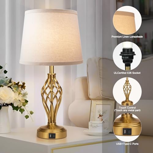 Ruiever Touch Table Lamps Set of 2, nightstand lamp with USB Ports Bedside 3 Way Touch dimmer Desk lamp for Living Room Bedroom,Gold Plated Spiral cage Base Design Warm White dimmer Bulbs Included. - Image 3