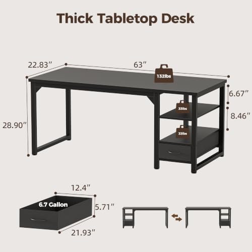 Mericonia 63 in Computer Desk with Drawer, 1" Thick Reversible Office Desk - Image 3