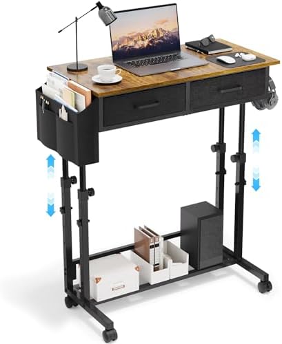 Small Rolling Standing Desk, Height Adjustable Mobile Sturdy Desk with 2 Fabric Drawers & Storage Shelf, Portable Sofa Side Laptop Table for Home Office, Small Spaces, 31.41"" x 15.74"", Rustic Brown by Bliesosfud