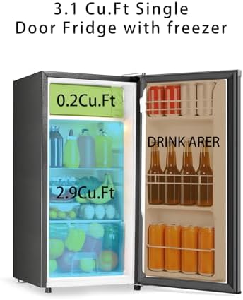 Seaoola Mini Fridge with Freezer, Single Door 3.1 Cu.Ft, Compact Mini Refrigerator, LED Light, Adjustable Thermostat, Removable Glass Shelves, Small Refrigerator for Dorm/Office/Bedroom(Sliver) - Image 4
