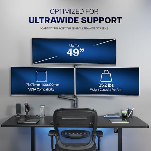 VIVO Pneumatic Arm Triple Ultrawide Monitor Wall Mount for Up to 49 inch Screens with Height Adjustment, Heavy Duty, Holds 3 Ultra Wides Up to 35.2 lbs, Black, MOUNT-VW300D - Image 3