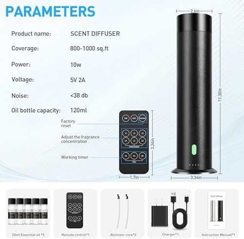 Waterless Diffuser Starter Kit with 5 Scent Oils - Cold Air Diffuser Machine for Home, Hotels and Large Room, 1000 Sq.Ft Coverage Hotel Scent Essential Oil Diffuser, Remote Control, 4.05 Oz, Black-N - Image 7