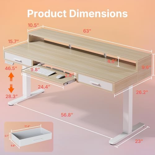 HUANUO 63″ x 26″ Electric Standing Desk with 2 Drawers &24.4″ Large Keyboard Tray, C-Clamp Mount Compatible, Adjustable Computer Desk for Office, Sit Stand Up Desk with 4 Height Presets, Light Walnut - Image 2