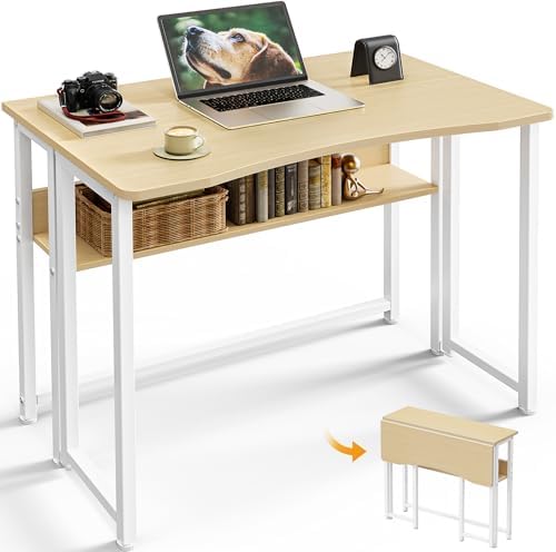 Huuger Folding Desk with Storage Shelf, 31.5 Inch Foldable Computer Table by Huuger