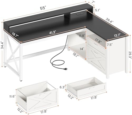 SEDETA Corner Computer Desk, 55" L Shaped Gaming Desk with Storage Drawers and Power Outlet, Farmhouse Corner Gaming Desk with Storage Shelves and LED Lights for Home Office, Black - Image 2