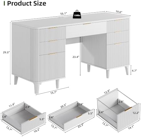 55.1" Fluted Executive Desk with Drawers, Wood Computer Desk with Storage Cabinet, Home Office Desk with Charging Station, Farmhouse Desk with File Cabinet for Office Home (White) - Image 2