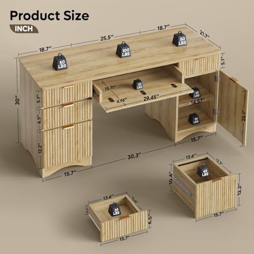 Bestier 63 Inch Home Office Desk with Drawers, Fluted Executive Desk with Ample File Drawer, Keyboard Tray & Storage Cabinet for Study, Living Room, Bedroom, Natural Oak - Image 3