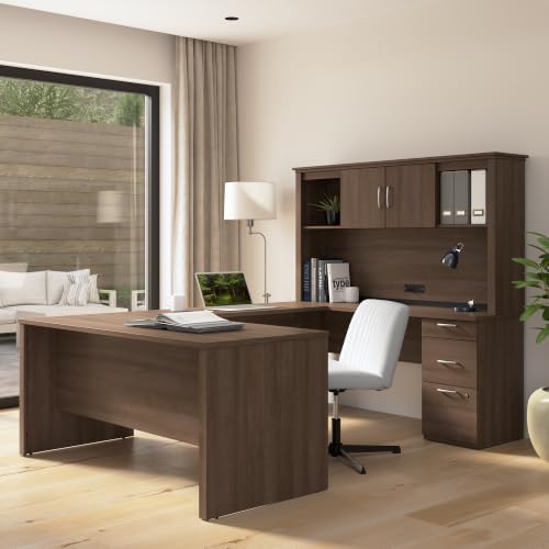Bestar Logan 66W U or L-Shaped Executive Office Desk with Pedestal and Hutch in Antigua - Image 2