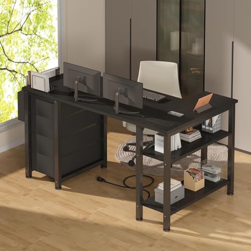 Lufeiya L Shaped Gaming Desk with Power Outlet, 47 Inch Reversible Corner Computer Desk with Drawers & Storage Shelves for Home Office Bedroom, L-Shaped Teen PC Desks with Fabric Drawer, Black - Image 4