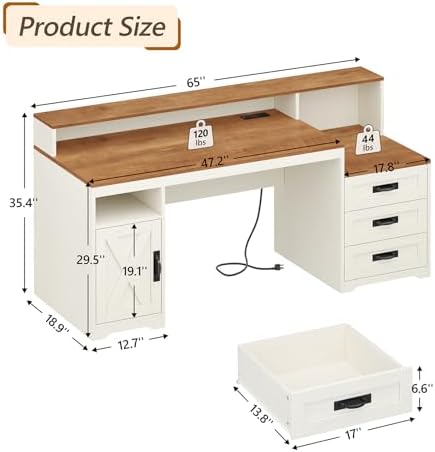 65" Farmhouse Computer Desk with Drawers and Printer Stand for Home Office - Image 2