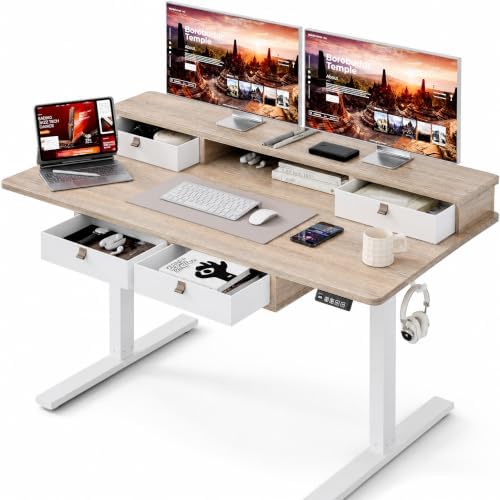 Grandder Electric Standing Desk with Four Drawers, Sit to Stand Up Height Adjustable Desk with Storage Shelf for Home Office, 55 * 28 Inch, Study, Ergonomic Adjustable Computer Desk, Maple by Grandder