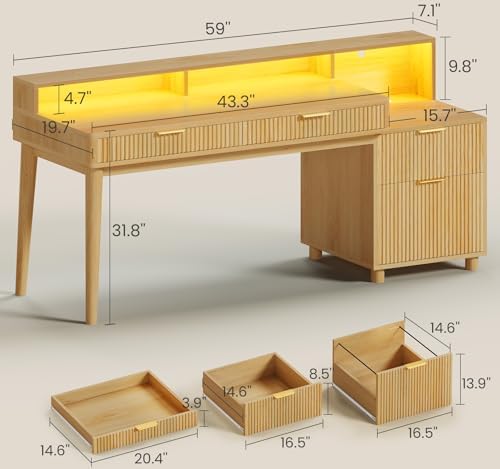SEDETA 59" Computer Desk with 4 Storage Drawers, Fluted Wood Office Desk with File Drawer, LED Lights and Power Strip, Gaming Table Writing Desk for Home Office, Living Room, Bedroom, Oak - Image 2