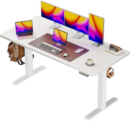 Huuger 55 x 28 Large Electric Standing Desk, Height Adjustable Copmuter Desk, 27.6" Deep Desktop, Stand up Gaming Office Table with 2 Hooks, 3 Preset Heights, for Home Office, White by Huuger