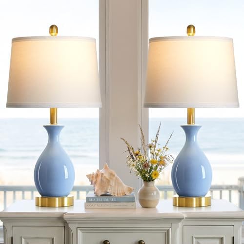 24″ Light Blue Ceramic Table Lamps Set of 2, Modern Classic Bedside Lamps for Bedroom Nightstand, Small Table Lamp for Living Room Side Table (2 LED Bulbs Included) by Luxeflow