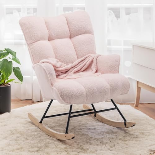 SAETSFEG Rocking Chair Nursery Teddy Upholstered Glider Rocker Rocking Accent Chair Padded Seat with High Backrest Armchair Comfy Side Chair for Living Room Bedroom Offices (Pink Teddy) by SAETSFEG