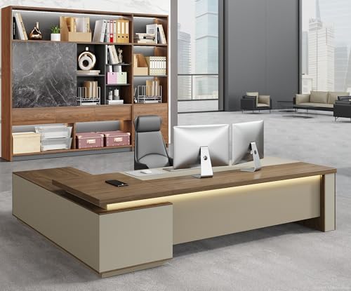 95" Reversible L-Shaped Executive Desk with Drawers – Luxury Office Desk with Open Shelves, LED Lighting, Built-in Outlet & USB Ports for Home, Office, Corporate, School (Black Walnut & Khaki) by ANZHAP-SmartOfficeSolutions
