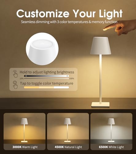 UME Cordless Table Lamp, Battery Operated Lamp - Portable Waterproof Rechargeable Table Lamp w/ 3 Color Temps & Stepless Dimming for Dinner, Desk, Cafe, Outdoor (White) - Image 5