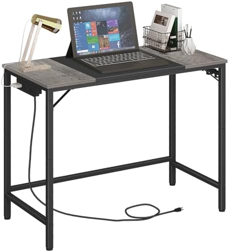 HOOBRO Computer Desk, 31.5 Inch Small Desk with Power Outlet, Writing Table with USB Charging Ports and 3 Hooks for Home Office, Bedroom, Easy to Assemble, Charcoal Gray and Black BC40UDN01 by HOOBRO