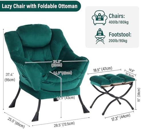 Furlide Lazy Chair with Ottoman, Comfy Velvet Reading Chair for Bedroom，Dark Green - Image 2