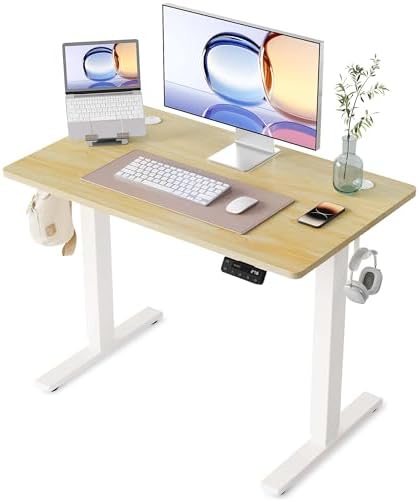 YIHAYO Electric Standing Desk, 40 x 24 Inches Stand Up Desk with Splice Board, Adjustable Height Desk, Computer Desk for Home Office, White Frame/Natural Top by YIHAYO