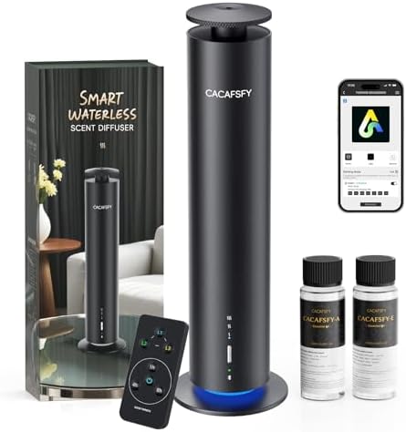 Cordless Waterless Diffuser for Essential Oils - Rechargeable Hotel Scent Diffuser for Large Room up to 1000 Sq Ft, App, Remote & Timer, Night Light, Includes 2 x 120ml Oils by CACAFSFY