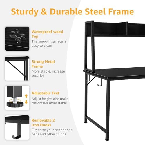 DLisiting Black Computer Desk with Hutch & Drawers - Office Desk with 3 Storage Drawers and Power Outlets, 47 Inch Modern Study Writing Desk for Bedroom Home Office - Image 5