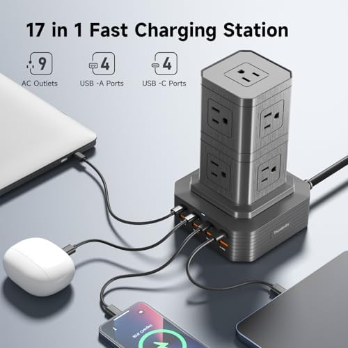 Charging Station (100W), 17-in-1 USB C Power Strip with Surge Protection, 6.6Ft Extension Cord, 4 USB C and 4 USB A Ports, 9 AC Outlets for Home Office Dorm Room - Image 2