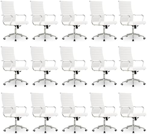 Okeysen Office Desk Chair, Ergonomic Leather Modern Conference Room Chairs, Executive Ribbed Height Adjustable Swivel Rolling Chair for Home Office Set of 15. (White) by Lepdep