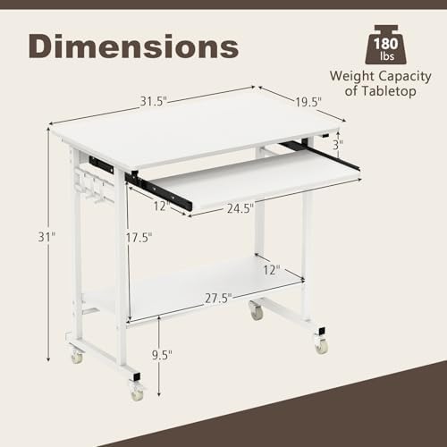 Tangkula Rolling Computer Desk Cart with Keyboard Tray, Mobile Portable Laptop PC Desk with CPU Stand & 3 Hooks for Sofa & Bed, Compact Small Desk on Wheels for Small Spaces (White) - Image 3