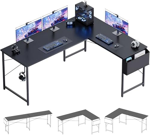 Pamray 64.5 Inch Reversible L Shaped Gaming Desk Large Corner Computer Desk with Storage Bag Home Office Table for Writing Study Black - Image 4