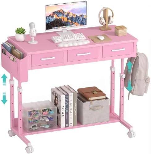 Pink Rolling Desk with Drawers, 40" Height Adjustable Girls Standing Desk by Unknown