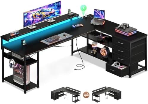AODK 69" L Shaped Computer Desk with 4 Drawers, LED Lights, Black by AODK