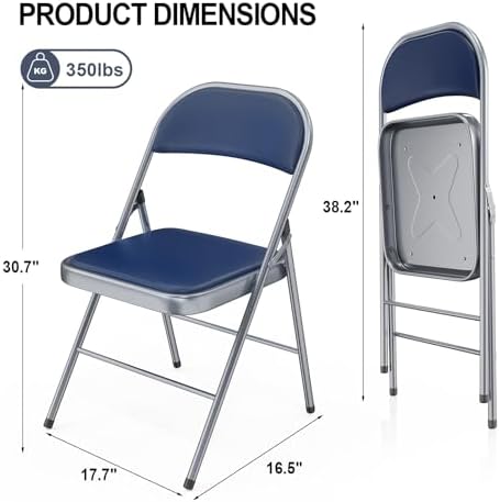 VINGLI 1 Pack Folding Chairs with Padded Seats, Metal Frame with Pu Leather Seat & Back, Capacity 350 lbs, Set of 1, Blue - Image 3