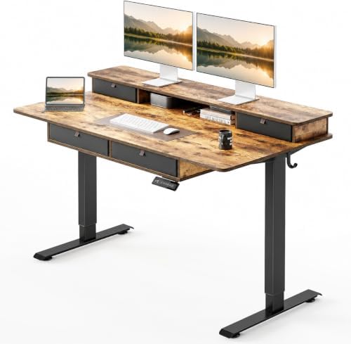 CubiCubi 55" x 30" Standing Electric Desk with Drawers, Rustic Brown by CubiCubi