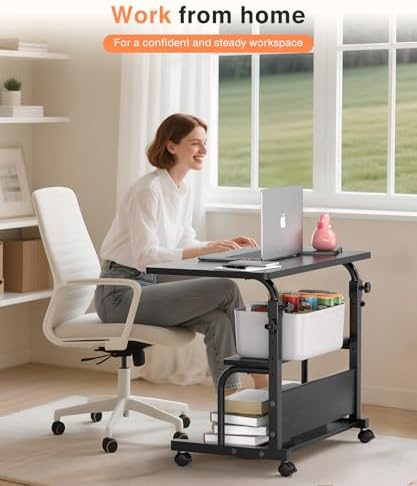 QZMDSM Portable Rolling Desk on Wheels Adjustable Height Desks for Small Spaces, 32" Computer Desk Drafting Tables with Storage Shelves for Home Office Black - Image 2
