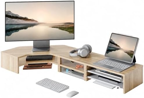 Fenge Dual Monitor Stand, Corner Desk Shelf with Drawer & Slide-Out Tray by Fenge