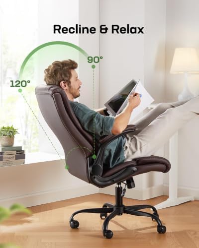Marsail Executive Office Chair Ergonomic Desk Chair with Flip-up Armrests PU Leather Height-Adjustable Swivel Rolling Brown - Image 5